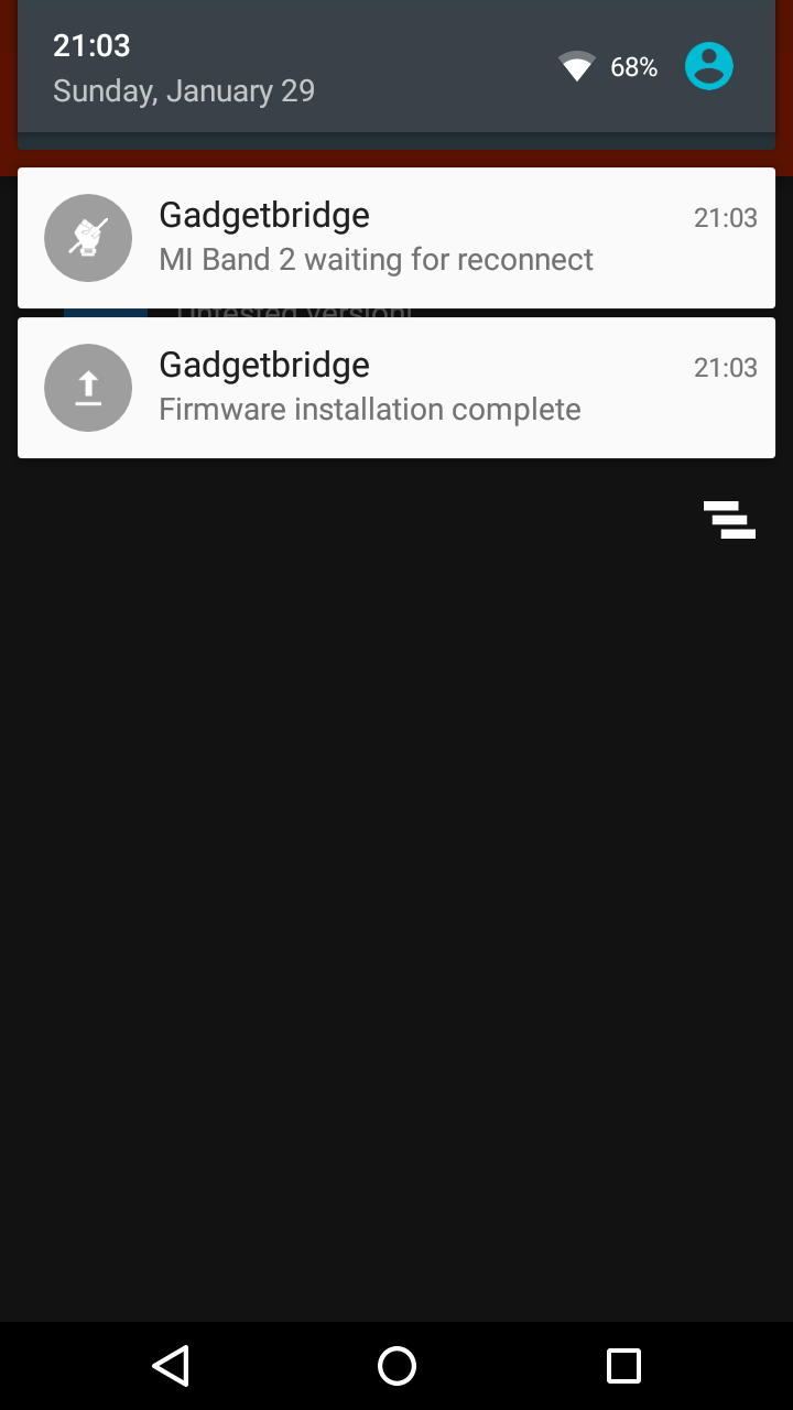 Скриншот экрана с нотификацией, что процесс прошивки завершен, и Gadgetbridge ждёт подключения